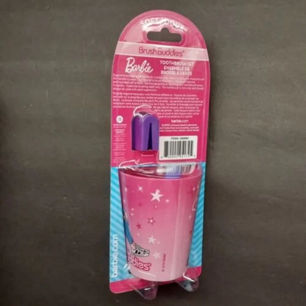 Mattel Barbie Brush Buddies Toothbrush 3 Piece Set Rinsing Cup Toothbrush Cap